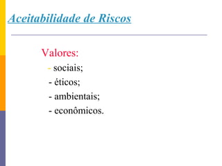 Aceitabilidade de Riscos

      Valores:
       - sociais;
       - éticos;
       - ambientais;
       - econômicos.
 