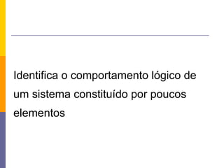 Identifica o comportamento lógico de
um sistema constituído por poucos
elementos
 