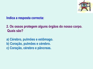 Indica a resposta correcta:
2. Os ossos protegem alguns órgãos do nosso corpo.
Quais são?
a) Cérebro, pulmões e estômago.
b) Coração, pulmões e cérebro.
c) Coração, cérebro e pâncreas.
 