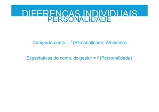 Comportamento = f (Personalidade, Ambiente)
DIFERENÇAS INDIVIDUAIS
PERSONALIDADE
Expectativas do comp. do gestor = f (Personalidade)
 