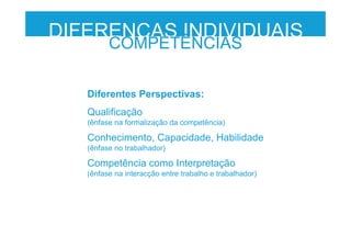 DIFERENÇAS INDIVIDUAIS
COMPETÊNCIAS
Diferentes Perspectivas:
Qualificação
(ênfase na formalização da competência)
Conhecimento, Capacidade, Habilidade
(ênfase no trabalhador)
Competência como Interpretação
(ênfase na interacção entre trabalho e trabalhador)
 