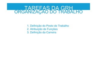 TAREFAS DA GRH
ORGANIZAÇÃO DO TRABALHO
1. Definição do Posto de Trabalho
2. Atribuição de Funções
3. Definição da Carreira
 