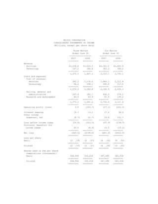 UNISYS CORPORATION
                           CONSOLIDATED STATEMENTS OF INCOME
                           (Millions, except per share data)

                                           Three Months              Six Months
                                          Ended June 30            Ended June 30
                                       ------------------       ------------------
                                        2007         2006        2007         2006
                                      --------     --------    --------     --------
Revenue
  Services                            $1,208.6    $1,224.5     $2,361.5    $2,400.9
  Technology                             167.1       182.8        362.2       394.2
                                      --------    --------     --------    --------
                                       1,375.7     1,407.3      2,723.7     2,795.1
Costs and expenses
  Cost of revenue:
    Services                             992.2     1,136.3      1,986.1     2,212.8
    Technology                            84.1       108.1        180.8       217.5
                                      --------    --------     --------    --------
                                       1,076.3     1,244.4      2,166.9     2,430.3
  Selling, general and
    administrative                       247.4       282.7        492.0       578.1
  Research and development                49.5        63.9         91.9       139.2
                                      --------    --------     --------    --------
                                       1,373.2     1,591.0      2,750.8     3,147.6
                                      --------    --------     --------    --------
Operating profit (loss)                    2.5      (183.7)       (27.1)     (352.5)

Interest expense                           18.7        19.1        37.6         38.9
Other income
  (expense), net                          (8.7)       (0.7)        16.8       152.7
                                      --------    --------     --------    --------
Loss before income taxes                 (24.9)     (203.5)       (47.9)     (238.7)
Provision (benefit) for
  income taxes                            40.6        (8.9)        14.0       (16.2)
                                      --------    --------     --------    --------
Net loss                                ($65.5)    ($194.6)      ($61.9)    ($222.5)
                                      ========    ========     ========    ========
Loss per share
Basic                                  ($ .19)     ($ .57)      ($ .18)     ($ .65)
                                      ========    ========     ========    ========
Diluted                                ($ .19)     ($ .57)      ($ .18)     ($ .65)
                                      ========    ========     ========    ========
Shares used in the per share
  computations (thousands):
  Basic                                348,958     343,414      347,690     342,936
                                      ========    ========     ========    ========
  Diluted                              348,958     343,414      347,690     342,936
                                      ========    ========     ========    ========
 