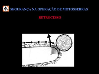 SEGURANÇA NA OPERAÇÃO DE MOTOSSERRASSEGURANÇA NA OPERAÇÃO DE MOTOSSERRAS
RETROCESSORETROCESSO
 Não utilize a ponta do sabre para cortar;
 Trabalhe somente com a corrente corretamente afiada e tensionada.
 