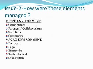 Issue-2-How were these elements
managed ?
MICRO ENVIRONMENT.
 Competitors
 Partners / Collaborations
 Suppliers
 Customers
MACRO ENVIRONMENT.
 Political
 Legal
 Economic
 Technological
 Scio-cultural
 