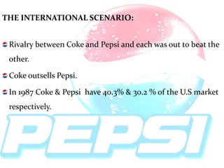 THE INTERNATIONAL SCENARIO:


 Rivalry between Coke and Pepsi and each was out to beat the
 other.

 Coke outsells Pepsi.

 In 1987 Coke & Pepsi have 40.3% & 30.2 % of the U.S market
 respectively.
 
