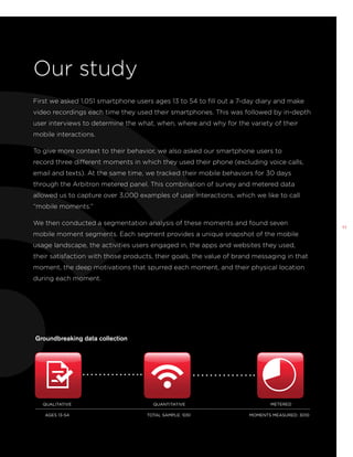 Our study
First we asked 1,051 smartphone users ages 13 to 54 to fill out a 7-day diary and make
video recordings each time they used their smartphones. This was followed by in-depth
user interviews to determine the what, when, where and why for the variety of their
mobile interactions.
To give more context to their behavior, we also asked our smartphone users to
record three different moments in which they used their phone (excluding voice calls,
email and texts). At the same time, we tracked their mobile behaviors for 30 days
through the Arbitron metered panel. This combination of survey and metered data
allowed us to capture over 3,000 examples of user interactions, which we like to call
“mobile moments.”
We then conducted a segmentation analysis of these moments and found seven
mobile moment segments. Each segment provides a unique snapshot of the mobile
usage landscape, the activities users engaged in, the apps and websites they used,
their satisfaction with those products, their goals, the value of brand messaging in that
moment, the deep motivations that spurred each moment, and their physical location
during each moment.

Groundbreaking data collection

QUALITATIVE

QUANTITATIVE

AGES 13-54

TOTAL SAMPLE: 1051

METERED
MOMENTS MEASURED: 3010

11

 