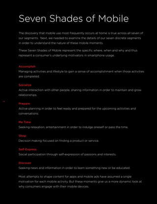 Seven Shades of Mobile
The discovery that mobile use most frequently occurs at home is true across all seven of
our segments. Next, we needed to examine the details of our seven discrete segments
in order to understand the nature of these mobile moments.
These Seven Shades of Mobile represent the specific where, when and why and thus
represent a consumer’s underlying motivators in smartphone usage.

Accomplish
Managing activities and lifestyle to gain a sense of accomplishment when those activities
are completed.
Socialize
Active interaction with other people, sharing information in order to maintain and grow
relationships.
14

Prepare
Active planning in order to feel ready and prepared for the upcoming activities and
conversations.
Me Time
Seeking relaxation, entertainment in order to indulge oneself or pass the time.
Shop
Decision making focused on finding a product or service.
Self-Express
Social participation through self-expression of passions and interests.
Discover
Seeking news and information in order to learn something new or be educated.
Most attempts to shape content for apps and mobile ads have assumed a single
motivation for each mobile activity. But these moments give us a more dynamic look at
why consumers engage with their mobile devices.

 
