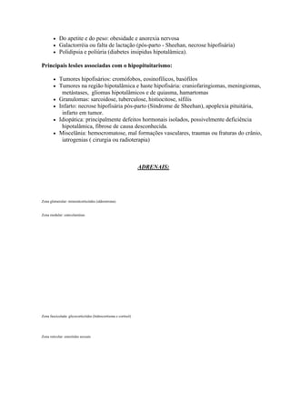    Do apetite e do peso: obesidade e anorexia nervosa
           Galactorréia ou falta de lactação (pós-parto - Sheehan, necrose hipofisária)
           Polidipsia e poliúria (diabetes insipidus hipotalâmica).

Principais lesões associadas com o hipopituitarismo:

           Tumores hipofisários: cromófobos, eosinofílicos, basófilos
           Tumores na região hipotalâmica e haste hipofisária: craniofaringiomas, meningiomas,
             metástases, gliomas hipotalâmicos e de quiasma, hamartomas
           Granulomas: sarcoidose, tuberculose, histiocitose, sífilis
           Infarto: necrose hipofisária pós-parto (Síndrome de Sheehan), apoplexia pituitária,
             infarto em tumor.
           Idiopática: principalmente defeitos hormonais isolados, possivelmente deficiência
             hipotalâmica, fibrose de causa desconhecida.
           Miscelânia: hemocromatose, mal formações vasculares, traumas ou fraturas do crânio,
             iatrogenias ( cirurgia ou radioterapia)



                                                                 ADRENAIS:




Zona glomerular: mineralcorticóides (aldosterona)


Zona medular: catecolaminas




Zona fasciculada: glicocorticóides (hidrocortisona e cortisol)




Zona reticular: esteróides sexuais
 