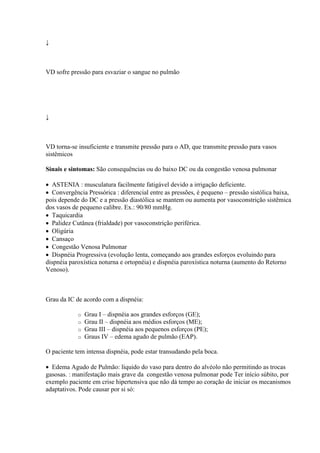 ↓



VD sofre pressão para esvaziar o sangue no pulmão




↓



VD torna-se insuficiente e transmite pressão para o AD, que transmite pressão para vasos
sistêmicos

Sinais e sintomas: São consequências ou do baixo DC ou da congestão venosa pulmonar

 ASTENIA : musculatura facilmente fatigável devido a irrigação deficiente.
 Convergência Pressórica : diferencial entre as pressões, é pequeno – pressão sistólica baixa,
pois depende do DC e a pressão diastólica se mantem ou aumenta por vasoconstrição sistêmica
dos vasos de pequeno calibre. Ex.: 90/80 mmHg.
 Taquicardia
 Palidez Cutânea (frialdade) por vasoconstrição periférica.
 Oligúria
 Cansaço
 Congestão Venosa Pulmonar
 Dispnéia Progressiva (evolução lenta, começando aos grandes esforços evoluindo para
dispnéia paroxística noturna e ortopnéia) e dispnéia paroxística noturna (aumento do Retorno
Venoso).



Grau da IC de acordo com a dispnéia:

            o   Grau I – dispnéia aos grandes esforços (GE);
            o   Grau II – dispnéia aos médios esforços (ME);
            o   Grau III – dispnéia aos pequenos esforços (PE);
            o   Graus IV – edema agudo de pulmão (EAP).

O paciente tem intensa dispnéia, pode estar transudando pela boca.

 Edema Agudo de Pulmão: líquido do vaso para dentro do alvéolo não permitindo as trocas
gasosas. : manifestação mais grave da congestão venosa pulmonar pode Ter início súbito, por
exemplo paciente em crise hipertensiva que não dá tempo ao coração de iniciar os mecanismos
adaptativos. Pode causar por si só:
 