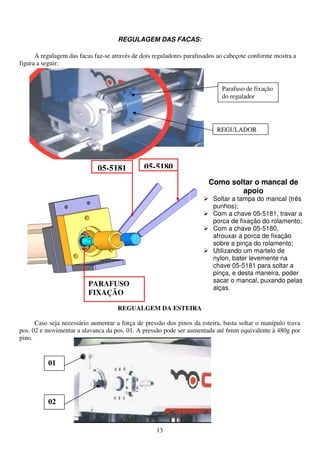 REGULAGEM DAS FACAS:

      A regulagem das facas faz-se através de dois reguladores parafusados ao cabeçote conforme mostra a
figura a seguir:


                                                                            Parafuso de fixação
                                                                            do regulador




                                                                          REGULADOR




                             05-5181           05-5180
                                                                       Como soltar o mancal de
                                                                               apoio
                                                                         Soltar a tampa do mancal (três
                                                                         punhos);
                                                                         Com a chave 05-5181, travar a
                                                                         porca de fixação do rolamento;
                                                                         Com a chave 05-5180,
                                                                         afrouxar a porca de fixação
                                                                         sobre a pinça do rolamento;
                                                                         Utilizando um martelo de
                                                                         nylon, bater levemente na
                                                                         chave 05-5181 para soltar a
                                                                         pinça, e desta maneira, poder
                                                                         sacar o mancal, puxando pelas
                          PARAFUSO
                                                                         alças.
                          FIXAÇÃO

                                     REGUALGEM DA ESTEIRA

      Caso seja necessário aumentar a força de pressão dos pinos da esteira, basta soltar o manípulo trava
pos. 02 e movimentar a alavanca da pos. 01. A pressão pode ser aumentada até 6mm equivalente à 480g por
pino.


          01




          02


                                                   13
 