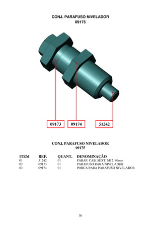 CONJ. PARAFUSO NIVELADOR
                         09175




               09173   09174          51242



               CONJ. PARAFUSO NIVELADOR
                         09175

ITEM   REF.       QUANT.   DENOMINAÇÃO
01     51242      01       PARAF. CAB. SEXT. M12 40mm
02     09173      01       PARAFUSO RARA NIVELADOR
03     09174      01       PORCA PARA PARAFUSO NIVELADOR




                           30
 