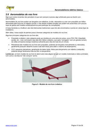 Aeromodelismo elétrico básico

2.6 Aeromodelos de voo livre
Algo que muitos iniciantes não percebem é que nem sempre é preciso algo sofisticado para se divertir com
aeromodelos.
Aeromodelos de voo livre podem ser lançados com elásticos, à mão, rebocados ou voar com propulsão por hélice
alimentada pela força de um elástico torcido, e vão desde modelos simples que podem ser produzidos com poucos
reais de gastos até modelos sofisticadíssimos para participar de competições.
A Casa Aerobrás e a Guillow’s são dois fabricantes tradicionais cujos kits são encontrados à venda em várias lojas de
modelismo.
Além deles, nossa seção de plantas possui diversas categorias de modelos de voo livre.
Algumas principais categorias de voo livre são:
    •   Propulsão a elástico: esta categoria pode ser dividida em uma série de outras, como P30, P40, Wakefield,
        escala, etc., mas o principal é que eles têm hélice e elástico, que após “carregado” com um grande número
        de voltas armazena energia mecânica suficiente para vôos de mais de um minuto;
    •   Planadores:são modelos de voo livre sem propulsão, podendo ser lançados manualmente ou rebocados,
        geralmente possuem desenho suave e são bem leves para obter o máximo de desempenho;
    •   CLG: pequenos planadores, geralmente de balsa rígida, feitos para lançamento com elástico (catapulta),
        podendo atingir facilmente mais de 20m no lançamento;
Lembre-se: um bom modelo de voo livre te dará muito mais alegria do que um modelo motorizado e rádio-controlado
ruim como o da lista do “não comprar” acima.




                                     Figura 5 - Modelo de voo livre à elástico




www.e-voo.com                                                                                Página 10 de 58
 