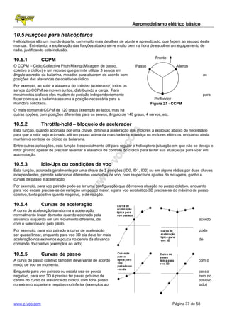 Aeromodelismo elétrico básico

10.5 Funções para helicópteros
Helicópteros são um mundo à parte, com muito mais detalhes de ajuste e aprendizado, que fogem ao escopo deste
manual. Entretanto, a explanação das funções abaixo serve muito bem na hora de escolher um equipamento de
rádio, justificando esta inclusão.

                                                                                   Frente
10.5.1          CCPM
O CCPM – Ciclic Collective Pitch Mixing (Mixagem de passo,             Passo                   Aileron
coletivo e cíclico) é um recurso que permite utilizar 3 servos em
ângulo ao redor da bailarina, mixados para atuarem de acordo com                                               as
posições das alavancas de coletivo e cíclico.
Por exemplo, ao subir a alavanca do coletivo (acelerador) todos os
servos do CCPM se movem juntos, distribuindo a carga. Para
movimentos cíclicos eles mudam de posição independentemente                                                    para
fazer com que a bailarina assuma a posição necessária para a                      Profundor
manobra solicitada.                                                             Figura 27 - CCPM
O mais comum é CCPM de 120 graus (exemplo ao lado), mas há
outras opções, com posições diferentes para os servos, ângulo de 140 graus, 4 servos, etc.

10.5.2          Throttle-hold – bloqueio de acelerador
Esta função, quando acionada por uma chave, diminui a aceleração dos motores à explosão abaixo do necessário
para que o rotor seja acionado até um pouco acima da marcha-lenta e desliga os motores elétricos, enquanto ainda
mantém o controle de cíclico da bailarona.
Entre outras aplicações, esta função é especialmente útil para regular o helicóptero (situação em que não se deseja o
rotor girando apesar de precisar levantar a alavanca de controle do cíclico para testar sua atuação) e para voar em
auto-rotação.

10.5.3          Idle-Ups ou condições de voo
Esta função, acionada geralmente por uma chave de 3 posições (ID0, ID1, ID2) ou em alguns rádios por duas chaves
independentes, permite selecionar diferentes condições de voo, com respectivos ajustes de mixagens, ganho e
curvas de passo e aceleração.
Por exemplo, para voo pairado pode-se ter uma configuração que dê menos atuação no passo coletivo, enquanto
para voo escala precisa-se de variação um pouco maior, e para voo acrobático 3D precisa-se do máximo de passo
coletivo, tanto positivo quanto negativo, e de rotação.

10.5.4          Curvas de aceleração
A curva de aceleração transforma a aceleração
normalmente linear do motor quando acionado pela
alavanca esquerda em um movimento diferente, de                                                             acordo
com o selecionado pelo piloto.
Por exemplo, para voo pairado a curva de aceleração                                                         pode
ser quase linear, enquanto para voo 3D ela deve ter mais
aceleração nos extremos e pouca no centro da alavanca                                                       de
comando do coletivo (exemplos ao lado)

10.5.5          Curvas de passo
A curva de passo coletivo também deve variar de acordo                                                      com o
modo de voo no momento.
Enquanto para voo pairado ou escala usa-se pouco                                                            passo
negativo, para voo 3D é preciso ter passo próximo de                                                        zero no
centro do curso da alavanca do cíclico, com forte passo                                                     positivo
no extremo superior e negativo no inferior (exemplos ao                                                     lado)




www.e-voo.com                                                                                Página 37 de 58
 
