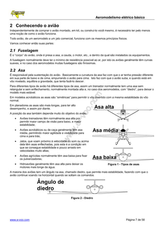 Aeromodelismo elétrico básico

2 Conhecendo o avião
Independentemente de comprar o avião montado, em kit, ou construí-lo você mesmo, é necessário ter pelo menos
uma noção de como o avião funciona.
Todo avião, de um aeromodelo a um jato comercial, funciona com os mesmos princípios físicos.
Vamos conhecer então suas partes:

2.1 Fuselagem
É o “corpo” do avião, onde é presa a asa, a cauda, o motor, etc., e dentro da qual são instalados os equipamentos.
A fuselagem normalmente deve ter o mínimo de resistência possível ao ar, por isto os aviões geralmente têm curvas
suaves, e no caso dos aeromodelos muitas fuselagens são finíssimas.

2.2 Asa
É responsável pela sustentação do avião. Basicamente a curvatura da asa faz com que o ar tenha pressão diferente
em sua parte de baixo e de cima, empurrando o avião para cima. Isto faz com que o avião suba, e quando está em
vôo nivelado, equilibra a gravidade, que tenta fazê-lo descer.
Para diferentes tipos de avião há diferentes tipos de asa, assim um treinador normalmente tem uma asa sem
retangular e sem enflechamento, normalmente montada alta e, no caso dos aeromodelos, com “diedro”, para deixar o
modelo mais estável.
Em modelos acrobáticos as asas são “simétricas” para permitir o vôo invertido com a mesma estabilidade do vôo
normal.
Em planadores as asas são mais longas, para ter alto
desempenho, e assim por diante.
A posição da asa também depende muito do objetivo do avião:
    •   Aviões treinadores têm normalmente asa alta por
        permitir maior campo de visão para baixo, e maior
        estabilidade;
    •   Aviões acrobáticos ou de caça geralmente têm asa
        média, permitindo maior agilidade e visibilidade para
        cima e para trás;
    •   Jatos, que voam próximo à velocidade do som ou acima
        dela têm asas enflechadas, pois esta é a condição em
        que se consegue estabilidade e pouco arrasto em
        velocidades muito altas;
    •   Aviões agrícolas normalmente têm asa baixa para fixar
        os pulverizadores;
    •   Hidroaviões geralmente têm asa alta para deixar os                     Figura 1 - Tipos de asas
        motores mais longe da água.
A maioria dos aviões tem um ângulo na asa, chamado diedro, que permite mais estabilidade, fazendo com que o
avião continue voando na horizontal quando se soltam os comandos.




                                                  Figura 2 - Diedro




www.e-voo.com                                                                                 Página 7 de 58
 