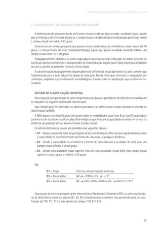 Atletismo para Pessoas Portadoras de Deficiência Visual



2. CLASSIFICAÇÃO - ELEGIBILIDADE PARA PARTICIPAÇÃO


   A delimitação do grupamento de deficientes visuais se dá por duas escalas: acuidade visual, aquilo
que se enxerga a determinada distância; e campo visual, a amplitude da área alcançada pela visão, sendo
o campo visual normal de 180 graus.
   Caracteriza-se como cego aquele que possui uma acuidade visual de até 6/60 ou campo visual até 10
graus e, como portador de visão residual (ambliope), aquele que possui acuidade visual de 6/60 ou um
campo visual entre 10 e 20 graus.
   Pedagogicamente, delimita-se como cego aquele que necessita de instrução em braile (sistema de
escrita por pontos em relevo) e, como portador de visão reduzida, aquele que lê tipos impressos ampliados
ou com o auxílio de potentes recursos óticos (lupa).
   A caracterização do grupamento de portadores de deficiência visual apresenta-se, pois, como etapa
fundamental para a ação educativa (aulas de educação física), visto que orientará a adequação dos
conteúdos, objetivos e procedimentos metodológicos, favorecendo as adaptações que se fizerem ne-
cessárias.


   SISTEMA DE CLASSIFICAÇÃO ESPORTIVA
    Será elegível para participar de uma competição para pessoas portadoras de deficiência visual quem
se enquadre no seguinte sistema de classificação:
    Nas competições de atletismo, os atletas portadores de deficiências visuais utilizam o sistema de
classificação da IBSA.
    A IBSA possui uma classificação única para todas as modalidades esportivas. Essa classificação adota
parâmetros de acuidade visual, escalas oftalmológicas que indicam a capacidade da visão em termos da
distância (acuidade) e de sua área funcional (campo visual).
   Os atletas deficientes visuais são divididos nas seguintes classes:
     B1 - Desde a ausência total de percepção de luz em ambos os olhos até percepção luminosa sem
     a capacidade de reconhecimento da forma de uma mão, a qualquer distância.
     B2 - Desde a capacidade de reconhecer a forma de uma mão até a acuidade de 2/60 e/ou um
     campo visual inferior a cinco graus.
     B3 - Desde uma acuidade visual superior 2/60 até uma acuidade visual 6/60 e/ou campo visual
     superior a cinco graus e inferior a 20 graus.


   Ou:

              B1 – Cego                  Com ou sem percepção luminosa
              B2 – Baixa Visão           AV     <2/60 ou CV        < 5º
              B3 – Baixa Visão           AV     entre 2/60 e 6/60 ou CV      entre 5º e 20 º



    Nas provas de atletismo regidas pelo International Paralympic Commitee (IPC), os atletas portado-
res de deficiência visual das classes B1, B2, B3 recebem respectivamente, nas provas de pista, a classi-
ficação de T10, T11, T12 e, nas provas de campo, F10, F11, F12.




                                                                                                       13
 