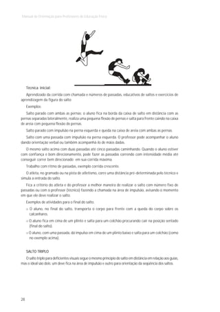 Manual de Orientação para Professores de Educação Física




     Técnica inicial:
   Aprendizado da corrida com chamada e números de passadas, educativos de saltos e exercícios de
aprendizagem da figura do salto
     Exemplos:
   Salto parado com ambas as pernas: o aluno fica na borda da caixa de salto em distância com as
pernas separadas lateralmente, realiza uma pequena flexão de pernas e salta para frente caindo na caixa
de areia com pequena flexão de pernas.
     Salto parado com impulsão na perna esquerda e queda na caixa de areia com ambas as pernas.
   Salto com uma passada com impulsão na perna esquerda. O professor pode acompanhar o aluno
dando orientação verbal ou também acompanhá-lo de mãos dadas.
   O mesmo salto acima com duas passadas até cinco passadas caminhando. Quando o aluno estiver
com confiança e bom direcionamento, pode fazer as passadas correndo com intensidade média até
conseguir correr bem direcionado em sua corrida máxima.
     Trabalho com ritmo de passadas, exemplo corrida crescente.
   O atleta, no gramado ou na pista de atletismo, corre uma distância pré-determinada pelo técnico e
simula a entrada do salto.
   Fica a critério do atleta e do professor a melhor maneira de realizar o salto com número fixo de
passadas ou com o professor (técnico) fazendo a chamada na área de impulsão, avisando o momento
em que ele deve realizar o salto.
     Exemplos de atividades para o final do salto.
       O aluno, no final do salto, transporta o corpo para frente com a queda do corpo sobre os
       calcanhares.
      O aluno fica em cima de um plinto e salta para um colchão procurando cair na posição sentado
      (final do salto).
      O aluno, com uma passada, dá impulso em cima de um plinto baixo e salta para um colchão (como
      no exemplo acima).


     SALTO TRIPLO
  O salto triplo para deficientes visuais segue o mesmo princípio do salto em distância em relação aos guias,
mas o ideal são dois: um deve fica na área de impulsão e outro para orientação da seqüência dos saltos.




28
 