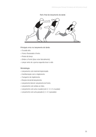 Atletismo para Pessoas Portadoras de Deficiência Visual



                            Parte final do lançamento do dardo




Principais erros no lançamento do dardo:
 Cruzada alta.
 Tronco flexionado à frente.
 Flexão do braço.
 Ombro à frente (deve estar lateralmente).
 Lançar antes de a perna esquerda tocar o solo.


Metodologia:
 Lançamento com material improvisado.
 Familiarização com o implemento.
 Transporte do implemento.
 Posição inicial do lançamento.
 Lançamento lateral. Lançamento de frente.
 Lançamento com ambas as mãos.
 Lançamento com uma cruzada (com 2, 3, 4, 5 cruzadas).
 Lançamento com uma passada (2, 3, 4, 5 passadas).




                                                                                                 35
 