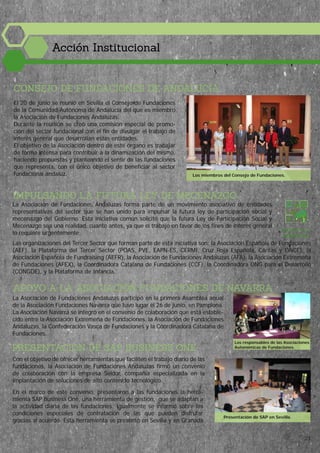 En el marco de este convenio, presentaron a las fundaciones la herra-
mienta SAP Business One, una herramienta de gestión, que se adaptan a
la actividad diaria de las fundaciones. Igualmente se informó sobre las
condiciones especiales de contratación de las que pueden disfrutar
gracias al acuerdo. Esta herramienta se presentó en Sevilla y en Granada.
PRESENTACIÓN DE SAP BUSINESS ONE
Con el objetivo de ofrecer herramientas que faciliten el trabajo diario de las
fundaciones, la Asociación de Fundaciones Andaluzas firmó un convenio
de colaboración con la empresa Seidor, compañía especializada en la
implantación de soluciones de alto contenido tecnológico.
Presentación de SAP en Sevilla.
IMPULSANDO LA FUTURA LEY DE MECENAZGO
La Asociación de Fundaciones Andaluzas forma parte de un movimiento asociativo de entidades
representativas del sector que se han unido para impulsar la futura ley de participación social y
mecenazgo del Gobierno. Esta iniciativa común solicitó que la futura Ley de Participación Social y
Mecenazgo sea una realidad, cuanto antes, ya que el trabajo en favor de los fines de interés general
lo requiere urgentemente.
Las organizaciones del Tercer Sector que forman parte de esta iniciativa son: la Asociación Española de Fundaciones
(AEF), la Plataforma del Tercer Sector (POAS, PVE, EAPN-ES, CERMI, Cruz Roja Española, Cáritas y ONCE), la
Asociación Española de Fundraising (AEFR), la Asociación de Fundaciones Andaluzas (AFA), la Asociación Extremeña
de Fundaciones (AFEX), la Coordinadora Catalana de Fundaciones (CCF), la Coordinadora ONG para el Desarrollo
(CONGDE), y la Plataforma de Infancia.
ACCEDE A LA
PROPUESTA
APOYO A LA ASOCIACIÓN FUNDACIONES DE NAVARRA
La Asociación de Fundaciones Andaluzas participó en la primera Asamblea anual
de la Asociación Fundaciones Navarra que tuvo lugar el 26 de junio, en Pamplona.
La Asociación Navarra se integró en el convenio de colaboración que está estable-
cido entre la Asociación Extremeña de Fundaciones, la Asociación de Fundaciones
Andaluzas, la Confederación Vasca de Fundaciones y la Coordinadora Catalana de
Fundaciones.
CONSEJO DE FUNDACIONES DE ANDALUCÍA
El 20 de junio se reunió en Sevilla el Consejo de Fundaciones
de la Comunidad Autónoma de Andalucía del que es miembro
la Asociación de Fundaciones Andaluzas.
Durante la reunión se creó una comisión especial de promo-
ción del sector fundacional con el fin de divulgar el trabajo de
interés general que desarrollan estas entidades.
El objetivo de la Asociación dentro de este órgano es trabajar
de forma intensa para contribuir a la dinamización del mismo,
haciendo propuestas y planteando el sentir de las fundaciones
que representa, con el único objetivo de beneficiar al sector
fundacional andaluz.
Los responsables de las Asociaciones
Autonómicas de Fundaciones.
Acción Institucional
Los miembros del Consejo de Fundaciones.
21
 
