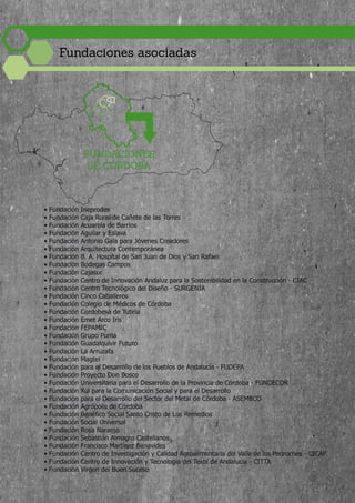 FUNDACIONES
DE CÓRDOBA
• Fundación Ineprodes
• Fundación Caja Rural de Cañete de las Torres
• Fundación Acuarela de Barrios
• Fundación Aguilar y Eslava
• Fundación Antonio Gala para Jóvenes Creadores
• Fundación Arquitectura Contemporánea
• Fundación B. A. Hospital de San Juan de Dios y San Rafael
• Fundación Bodegas Campos
• Fundación Cajasur
• Fundación Centro de Innovación Andaluz para la Sostenibilidad en la Construcción - CIAC
• Fundación Centro Tecnológico del Diseño - SURGENIA
• Fundación Cinco Caballeros
• Fundación Colegio de Médicos de Córdoba
• Fundación Cordobesa de Tutela
• Fundación Emet Arco Iris
• Fundación FEPAMIC
• Fundación Grupo Puma
• Fundación Guadalquivir Futuro
• Fundación La Arruzafa
• Fundación Magtel
• Fundación para el Desarrollo de los Pueblos de Andalucía - FUDEPA
• Fundación Proyecto Don Bosco
• Fundación Universitaria para el Desarrollo de la Provincia de Córdoba - FUNDECOR
• Fundación Xul para la Comunicación Social y para el Desarrollo
• Fundación para el Desarrollo del Sector del Metal de Córdoba - ASEMECO
• Fundación Agrópolis de Córdoba
• Fundación Benéfico Social Santo Cristo de Los Remedios
• Fundación Social Universal
• Fundación Rosa Naranjo
• Fundación Sebastián Almagro Castellanos
• Fundación Francisco Martínez Benavides
• Fundación Centro de Investigación y Calidad Agroalimentaria del Valle de los Pedroches - CICAP
• Fundación Centro de Innovación y Tecnología del Textil de Andalucía - CITTA
• Fundación Virgen del Buen Suceso
26
Fundaciones asociadas
 