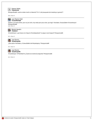 Analisis de la sesión '#hangoutruta66' creado con Tweet Category 15
@bemarnet
Dietmar Stefitz
#HangoutRuta66 cuanto se debe invertir en Adwords?? En % del presupuesto del marketing en general??
20:35 - 09 Jan 13
@JuanRaVidal
Juan Ramón Vidal
Gestiono una tienda Online, pero muy de nicho, hay visitas pero poca venta, que hago? @echaleku @JesusGallent @ricardohoyos1
#HangoutRuta66
20:29 - 09 Jan 13
@bolemc
Manolo Aguado -
@ricardohoyos1 ¿que haces con el logo de @smediapodcast? no pega en ese hangout:P #hangoutruta66
20:15 - 09 Jan 13
@jrsahuquillo
José Ramón
¿Que opinan @echaleku y @JesusGallent del #dropshipping ? #hangoutruta66
20:15 - 09 Jan 13
@jrsahuquillo
José Ramón
@ricardohoyos1 @Pedrofdez76 ¿Cuando es la tanda de preguntas? #hangoutruta66
20:13 - 09 Jan 13
 