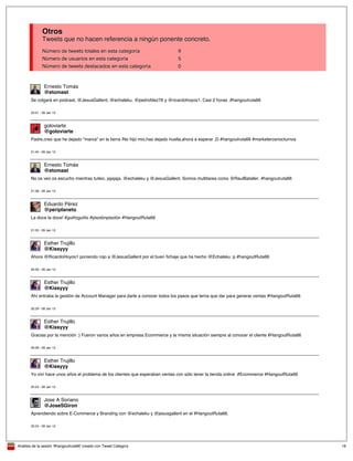 Analisis de la sesión '#hangoutruta66' creado con Tweet Category 16
Otros
Tweets que no hacen referencia a ningún ponente concreto.
Número de tweets totales en esta categoría 9
Número de usuarios en esta categoría 5
Número de tweets destacados en esta categoría 0
@etomast
Ernesto Tomás
Se colgará en podcast, @JesusGallent, @echaleku, @pedrofdez76 y @ricardohoyos1. Casi 2 horas .#hangoutruta66
22:01 - 09 Jan 13
@goloviarte
goloviarte
Padre,creo que he dejado "marca" en la tierra /No hijo mio,has dejado huella,ahora a esperar ;D #hangoutruta66 #marketerosnocturnos
21:45 - 09 Jan 13
@etomast
Ernesto Tomás
No os veo os escucho mientras tuiteo, jajajaja. @echaleku y @JesusGallent. Somos multitarea como @RaulBataller. #hangoutruta66
21:38 - 09 Jan 13
@periplaneto
Eduardo Pérez
La doce la doce! #guiñoguiño #pisotónpisotón #HangoutRuta66
21:35 - 09 Jan 13
@Kissyyy
Esther Trujillo
Ahora @RicardoHoyos1 poniendo rojo a @JesusGallent por el buen fichaje que ha hecho @Echaleku :p #hangoutRuta66
20:56 - 09 Jan 13
@Kissyyy
Esther Trujillo
Ahí entraba la gestión de Account Manager para darle a conocer todos los pasos que tenía que dar para generar ventas #HangoutRuta66
20:29 - 09 Jan 13
@Kissyyy
Esther Trujillo
Gracias por la mención :) Fueron varios años en empresa Ecommerce y la misma situación siempre al conocer el cliente #HangoutRuta66
20:28 - 09 Jan 13
@Kissyyy
Esther Trujillo
Yo viví hace unos años el problema de los clientes que esperaban ventas con sólo tener la tienda online #Ecommerce #HangoutRuta66
20:24 - 09 Jan 13
@JoseSGiron
Jose A Soriano
Aprendiendo sobre E-Commerce y Branding con @echaleku y @jesusgallent en el #HangoutRuta66.
20:24 - 09 Jan 13
 