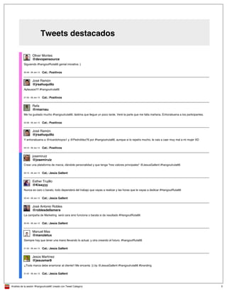 Analisis de la sesión '#hangoutruta66' creado con Tweet Category 3
Tweets destacados
@devopensource
Oliver Montes
Siguiendo #hangoutRuta66 genial iniciativa :)
20:48 - 09 Jan 13 Cat.: Positivos
@jrsahuquillo
José Ramón
Aplausos!!!! #hangoutruta66
21:55 - 09 Jan 13 Cat.: Positivos
@rmarnau
Rafa
Me ha gustado mucho #hangoutruta66. lástima que llegue un poco tarde. Veré la parte que me falta mañana. Enhorabuena a los participantes.
22:38 - 09 Jan 13 Cat.: Positivos
@jrsahuquillo
José Ramón
Y enhorabuena a @ricardohoyos1 y @Pedrofdez76 por #hangoutruta66, aunque si lo repetís mucho, le vais a caer muy mal a mi mujer XD
23:10 - 09 Jan 13 Cat.: Positivos
@josemiruiz
josemiruiz
Crear una plataforma de marca, dándole personalidad y que tenga "tres valores principales" @JesusGallent #hangoutruta66
20:15 - 09 Jan 13 Cat.: Jesús Gallent
@Kissyyy
Esther Trujillo
Nunca es caro o barato, todo dependerá del trabajo que vayas a realizar y las horas que le vayas a dedicar #HangoutRuta66
20:43 - 09 Jan 13 Cat.: Jesús Gallent
@roblesdellamera
José Antonio Robles
La campaña de Marketing será cara sino funciona o barata si da resultado #HangoutRuta66
20:45 - 09 Jan 13 Cat.: Jesús Gallent
@manoletux
Manuel Mas
Siempre hay que tener una mano llevando lo actual, y otra creando el futuro. #hangoutRuta66
21:32 - 09 Jan 13 Cat.: Jesús Gallent
@jesusmar8
Jesús Martínez
¡¡Toda marca debe enamorar al cliente!! Me encanta :)) by @JesusGallent #hangoutruta66 #branding
21:42 - 09 Jan 13 Cat.: Jesús Gallent
 