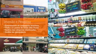 • Entendimento do consumidor brasileiro
• Visita a 21 pontos de venda (São Paulo)
• Análise das categorias relacionadas
• Análise da concorrência
Imersão e Pesquisa
 