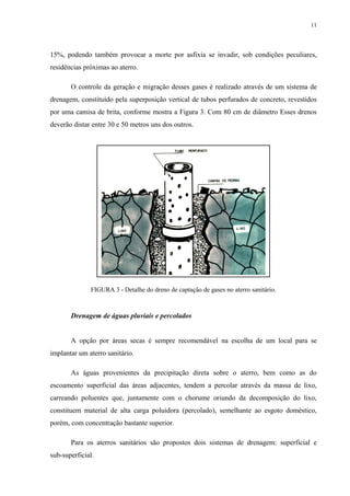 15%, podendo também provocar a morte por asfixia se invadir, sob condições peculiares,
residências próximas ao aterro.
O controle da geração e migração desses gases é realizado através de um sistema de
drenagem, constituído pela superposição vertical de tubos perfurados de concreto, revestidos
por uma camisa de brita, conforme mostra a Figura 3. Com 80 cm de diâmetro Esses drenos
deverão distar entre 30 e 50 metros uns dos outros.
FIGURA 3 - Detalhe do dreno de captação de gases no aterro sanitário.
Drenagem de águas pluviais e percolados
A opção por áreas secas é sempre recomendável na escolha de um local para se
implantar um aterro sanitário.
As águas provenientes da precipitação direta sobre o aterro, bem como as do
escoamento superficial das áreas adjacentes, tendem a percolar através da massa de lixo,
carreando poluentes que, juntamente com o chorume oriundo da decomposição do lixo,
constituem material de alta carga poluidora (percolado), semelhante ao esgoto doméstico,
porém, com concentração bastante superior.
Para os aterros sanitários são propostos dois sistemas de drenagem: superficial e
sub-superficial.
11
 