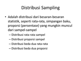 Distribusi Sampling
• Adalah distribusi dari besaran-besaran
statistik, seperti rata-rata, simpangan baku,
proporsi (persentase) yang mungkin muncul
dari sampel-sampel
– Distribusi rata-rata sampel
– Distribusi proporsi sampel
– Distribusi beda dua rata-rata
– Distribusi beda dua proporsi
 