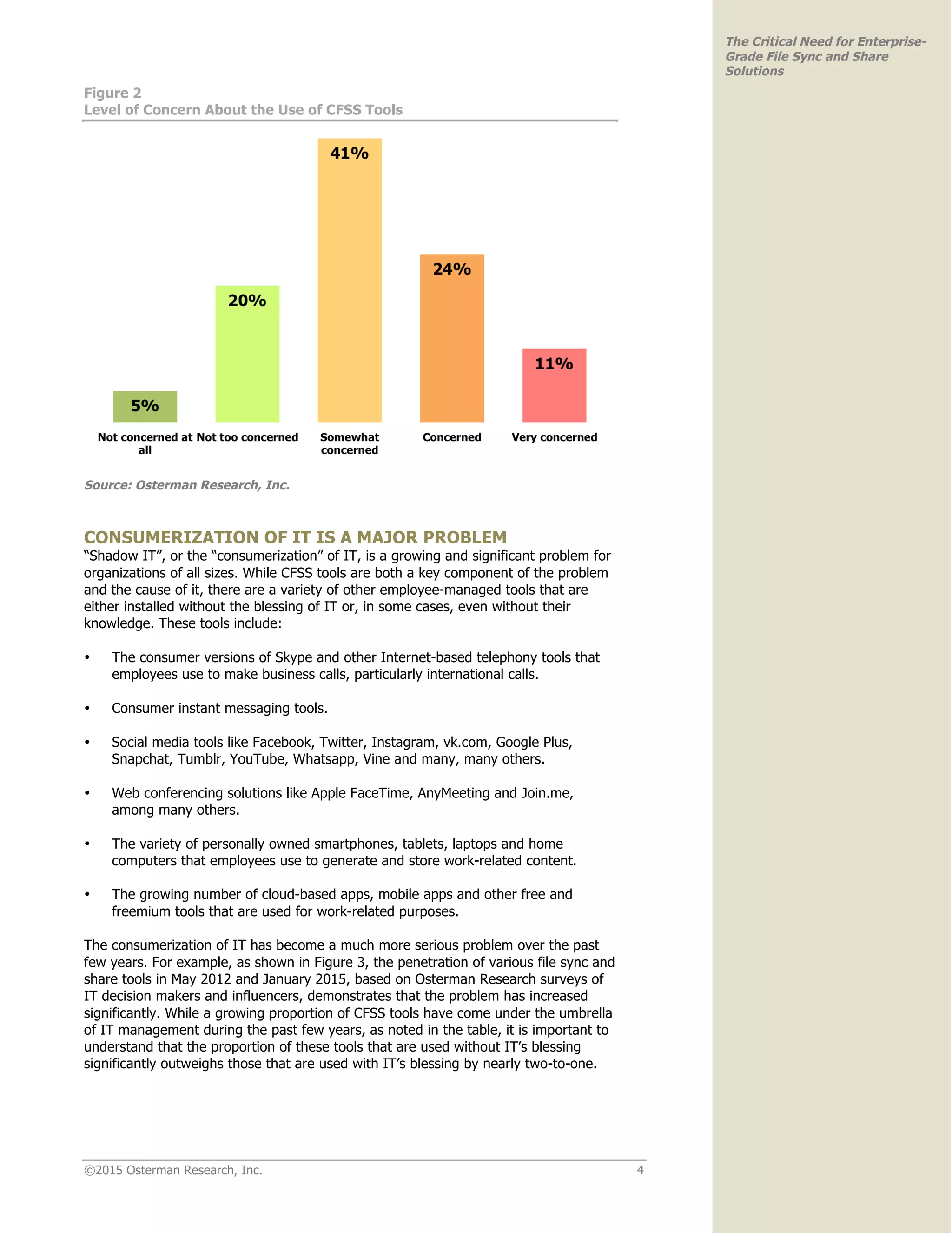 ©2015 Osterman Research, Inc. 4
The Critical Need for Enterprise-
Grade File Sync and Share
Solutions
Figure 2
Level of Concern About the Use of CFSS Tools
Source: Osterman Research, Inc.
CONSUMERIZATION OF IT IS A MAJOR PROBLEM
“Shadow IT”, or the “consumerization” of IT, is a growing and significant problem for
organizations of all sizes. While CFSS tools are both a key component of the problem
and the cause of it, there are a variety of other employee-managed tools that are
either installed without the blessing of IT or, in some cases, even without their
knowledge. These tools include:
• The consumer versions of Skype and other Internet-based telephony tools that
employees use to make business calls, particularly international calls.
• Consumer instant messaging tools.
• Social media tools like Facebook, Twitter, Instagram, vk.com, Google Plus,
Snapchat, Tumblr, YouTube, Whatsapp, Vine and many, many others.
• Web conferencing solutions like Apple FaceTime, AnyMeeting and Join.me,
among many others.
• The variety of personally owned smartphones, tablets, laptops and home
computers that employees use to generate and store work-related content.
• The growing number of cloud-based apps, mobile apps and other free and
freemium tools that are used for work-related purposes.
The consumerization of IT has become a much more serious problem over the past
few years. For example, as shown in Figure 3, the penetration of various file sync and
share tools in May 2012 and January 2015, based on Osterman Research surveys of
IT decision makers and influencers, demonstrates that the problem has increased
significantly. While a growing proportion of CFSS tools have come under the umbrella
of IT management during the past few years, as noted in the table, it is important to
understand that the proportion of these tools that are used without IT’s blessing
significantly outweighs those that are used with IT’s blessing by nearly two-to-one.
 