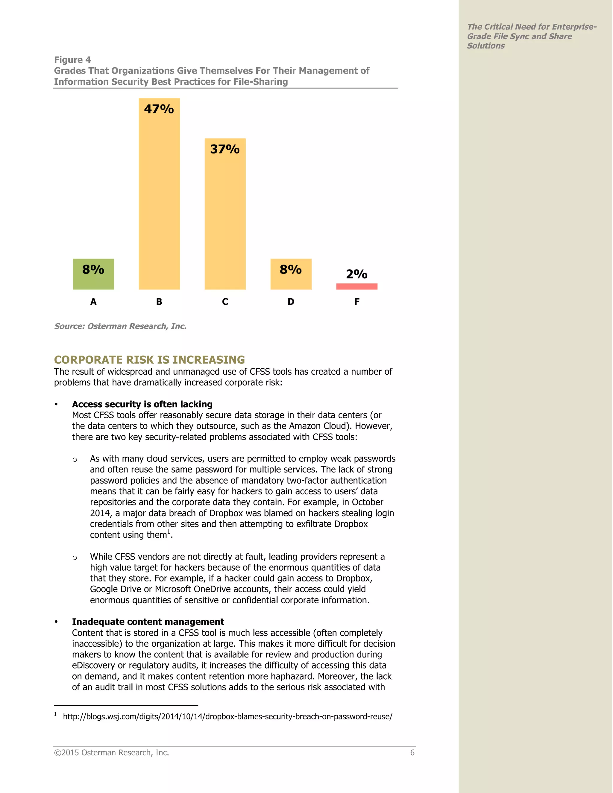 ©2015 Osterman Research, Inc. 6
The Critical Need for Enterprise-
Grade File Sync and Share
Solutions
Figure 4
Grades That Organizations Give Themselves For Their Management of
Information Security Best Practices for File-Sharing
Source: Osterman Research, Inc.
CORPORATE RISK IS INCREASING
The result of widespread and unmanaged use of CFSS tools has created a number of
problems that have dramatically increased corporate risk:
• Access security is often lacking
Most CFSS tools offer reasonably secure data storage in their data centers (or
the data centers to which they outsource, such as the Amazon Cloud). However,
there are two key security-related problems associated with CFSS tools:
o As with many cloud services, users are permitted to employ weak passwords
and often reuse the same password for multiple services. The lack of strong
password policies and the absence of mandatory two-factor authentication
means that it can be fairly easy for hackers to gain access to users’ data
repositories and the corporate data they contain. For example, in October
2014, a major data breach of Dropbox was blamed on hackers stealing login
credentials from other sites and then attempting to exfiltrate Dropbox
content using them1
.
o While CFSS vendors are not directly at fault, leading providers represent a
high value target for hackers because of the enormous quantities of data
that they store. For example, if a hacker could gain access to Dropbox,
Google Drive or Microsoft OneDrive accounts, their access could yield
enormous quantities of sensitive or confidential corporate information.
• Inadequate content management
Content that is stored in a CFSS tool is much less accessible (often completely
inaccessible) to the organization at large. This makes it more difficult for decision
makers to know the content that is available for review and production during
eDiscovery or regulatory audits, it increases the difficulty of accessing this data
on demand, and it makes content retention more haphazard. Moreover, the lack
of an audit trail in most CFSS solutions adds to the serious risk associated with
1
http://blogs.wsj.com/digits/2014/10/14/dropbox-blames-security-breach-on-password-reuse/
 