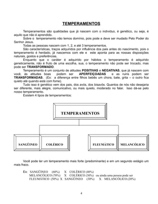 TEMPERAMENTOS
Temperamentos são qualidades que já nascem com o individuo, é genético, ou seja, é
aquilo que não é aprendido.
Sobre o temperamento não temos domínio, pois pode e deve ser mudado Pelo Poder do
Senhor Jesus.
Todas as pessoas nascem com 1, 2, e até 3 temperamentos.
São características, traços adquiridos por influência dos pais antes do nascimento, pois o
temperamento é herdado, já nascemos com ele e este aponta para as nossas disposições
naturais, gostos e preferências.
Enquanto que o caráter é adquirido por hábitos o temperamento é adquirido
geneticamente, não é fruto de uma escolha, sua, o temperamento não pode ser trocado, mas
pode ser TRANSFORMADO.
Temperamento é um conjunto de atitudes POSITIVAS e NEGATIVAS, que já nascem com
você, às atitudes boas
podem ser
APERFEIÇOADAS
e as ruins podem ser
TRANSFORMADAS. (Ex: a diferença entre filhos bebês um chora, bate, grita – o outro fica
quieto até quando está com fome).
Tudo isso é genético vem dos pais, dos avós, dos bisavôs. Quantos de nós não desejaria
ser diferente, mais alegre, comunicativo, ou mais quieto, moderado no falar. Isso dá-se pelo
nosso temperamento.
Existem 4 tipos de temperamentos:

TEMPERAMENTOS

SANGÜINEO

COLÉRICO

FLEUMÁTICO

MELANCÓLICO

Você pode ter um temperamento mais forte (predominante) e em um segundo estágio um
mais fraco.
Ex: SANGÜINEO (60%)
X COLÉRICO (40%)
MELANCÓLICO (70%) X COLÉRICO (30%) ou ainda uma pessoa pode ser
FLEUMÁTICO (50%) X SANGÜINEO (30%)
X MELANCÓLICO (20%)

4

 