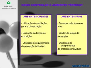 AMBIENTES QUENTES
- Utilização de ventilação
geral e climatização.
- Limitação do tempo de
exposição.
- Utilização de equipamento
de protecção individual.
AMBIENTES FRIOS
- Fornecer calor às áreas
frias.
- Limitar do tempo de
exposição.
- Utilização de
equipamentos
de protecção individual.
HIGIENE, SAÚDE E
SEGURANÇA NO TRABALHO
COMO CONTROLAR O AMBIENTE TÉRMICO?
 