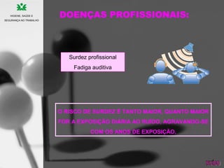DOENÇAS PROFISSIONAIS:
Surdez profissional
Fadiga auditiva
O RISCO DE SURDEZ É TANTO MAIOR, QUANTO MAIOR
FOR A EXPOSIÇÃO DIÁRIA AO RUÍDO, AGRAVANDO-SE
COM OS ANOS DE EXPOSIÇÃO.
HIGIENE, SAÚDE E
SEGURANÇA NO TRABALHO
 