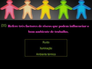 Ruído
Iluminação
Ambiente térmico
Refere três factores de riscos que podem influenciar o
bom ambiente de trabalho.
(11)
 