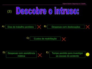 Higiene Saúde e Segurança no Trabalho
Dias de trabalho perdidos
Tempo perdido para investigar
as causas do acidente
Despesas com deslocações
Custos de reabilitação
Despesas com assistência
médica
A) B)
D)
C)
E)
(3)
 