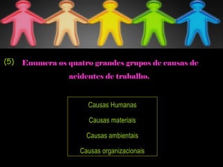 Enumera os quatro grandes grupos de causas de
acidentes de trabalho.
Causas Humanas
Causas materiais
Causas ambientais
Causas organizacionais
(5)
 