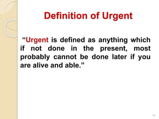 36
“Urgent is defined as anything which
if not done in the present, most
probably cannot be done later if you
are alive and able.”
Definition of Urgent
 