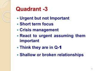 53
Quadrant -3
 Urgent but not Important
 Short term focus
 Crisis management
 React to urgent assuming them
important
 Think they are in Q-1
 Shallow or broken relationships
 