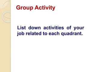 Group Activity
List down activities of your
job related to each quadrant.
 