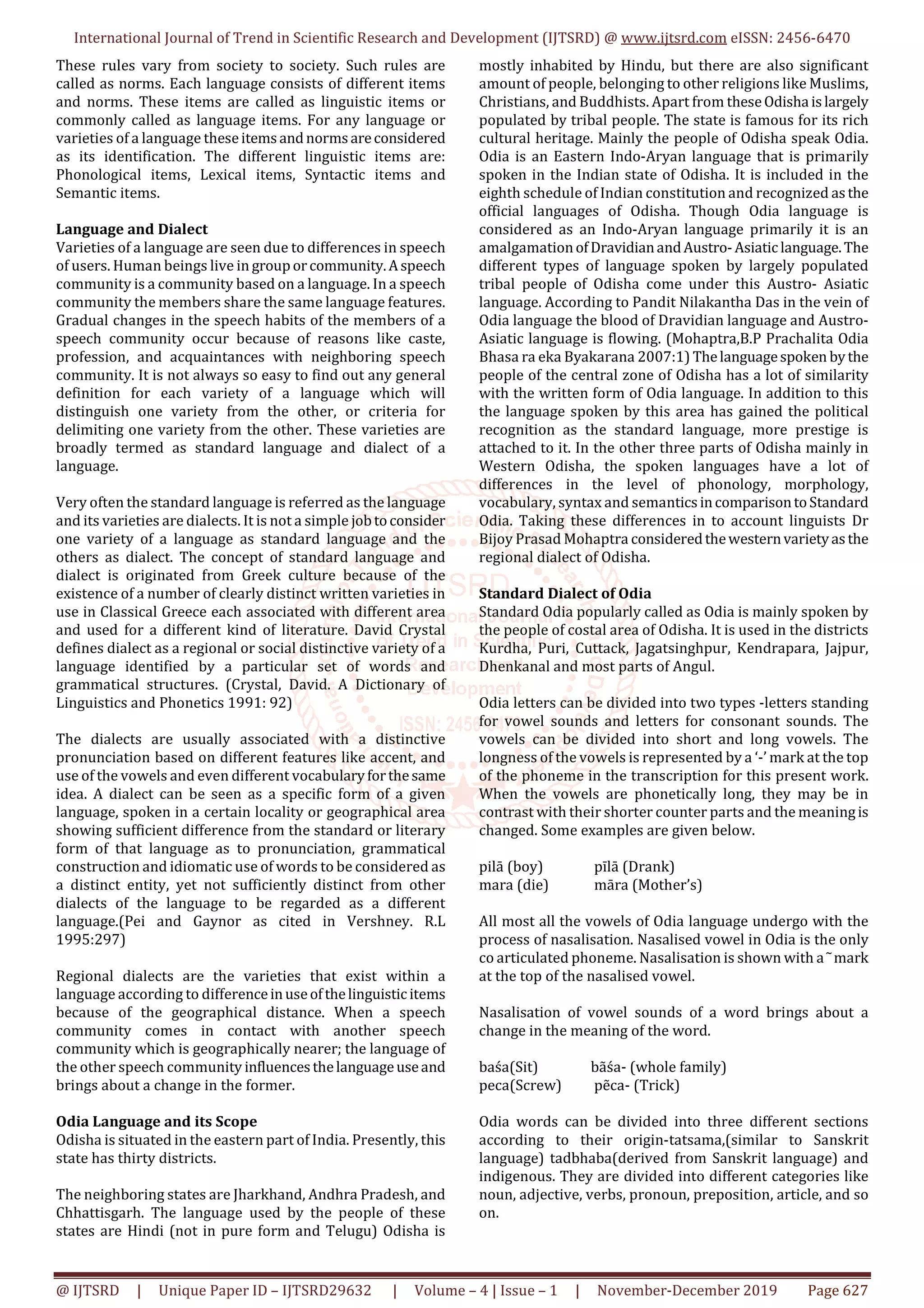 A Descriptive Study of Standard Dialect and Western Dialect of Odia ...
