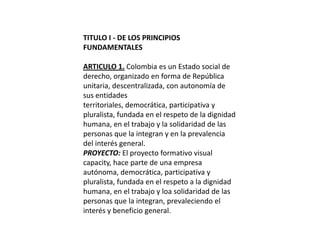 TITULO I - DE LOS PRINCIPIOS FUNDAMENTALES ARTICULO 1. Colombia es un Estado social de derecho, organizado en forma de República unitaria, descentralizada, con autonomía de sus entidades territoriales, democrática, participativa y pluralista, fundada en el respeto de la dignidad humana, en el trabajo y la solidaridad de las personas que la integran y en la prevalencia del interés general.PROYECTO: El proyecto formativo visual capacity, hace parte de una empresa autónoma, democrática, participativa y pluralista, fundada en el respeto a la dignidad humana, en el trabajo y loa solidaridad de las personas que la integran, prevaleciendo el interés y beneficio general. 