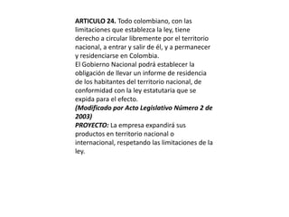 ARTICULO 24. Todo colombiano, con las limitaciones que establezca la ley, tiene derecho a circular libremente por el territorio nacional, a entrar y salir de él, y a permanecer y residenciarse en Colombia.El Gobierno Nacional podrá establecer la obligación de llevar un informe de residencia de los habitantes del territorio nacional, de conformidad con la ley estatutaria que se expida para el efecto. (Modificado por Acto Legislativo Número 2 de 2003)PROYECTO: La empresa expandirá sus productos en territorio nacional o internacional, respetando las limitaciones de la ley.