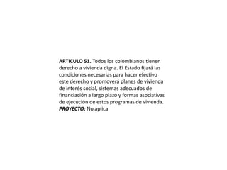 ARTICULO 51. Todos los colombianos tienen derecho a vivienda digna. El Estado fijará las condiciones necesarias para hacer efectivo este derecho y promoverá planes de vivienda de interés social, sistemas adecuados de financiación a largo plazo y formas asociativas de ejecución de estos programas de vivienda.PROYECTO: No aplica