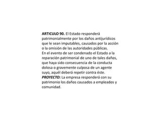 ARTICULO 90. El Estado responderá patrimonialmente por los daños antijurídicos que le sean imputables, causados por la acción o la omisión de las autoridades públicas.En el evento de ser condenado el Estado a la reparación patrimonial de uno de tales daños, que haya sido consecuencia de la conducta dolosa o gravemente culposa de un agente suyo, aquél deberá repetir contra éste.PROYECTO: La empresa responderá con su patrimonio los daños causados a empleados y comunidad.