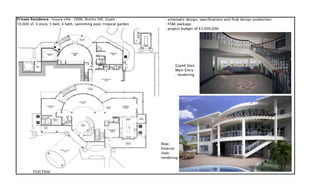 Private Residence - luxury villa - 2006, Nimitz Hill, Guam - schematic design, specifications and final design production. 
10,000 sf, 3-story, 5 bed, 4 bath, swimming pool, tropical garden - FF&E package. 
- project budget of $3,000,000. 
Grand Stair, 
Main Entry 
- rendering 
Rear, 
Exterior 
View 
-rendering 
First Floor 
 