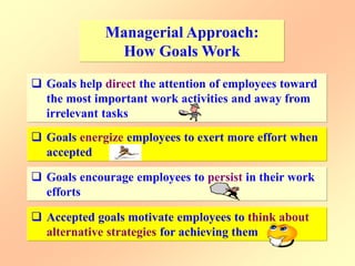 Managerial Approach:
How Goals Work
 Goals help direct the attention of employees toward
the most important work activities and away from
irrelevant tasks
 Goals energize employees to exert more effort when
accepted
 Goals encourage employees to persist in their work
efforts
 Accepted goals motivate employees to think about
alternative strategies for achieving them
 