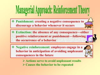  Punishment: creating a negative consequence to
discourage a behavior whenever it occurs
 Actions serve to avoid unpleasant results
 Causes the behavior to be repeated
 Extinction: the absence of any consequence—either
positive reinforcement or punishment—following
the occurrence of a behavior
 Negative reinforcement: employees engage in a
behavior in anticipation of avoiding unpleasant
consequences in the future
 