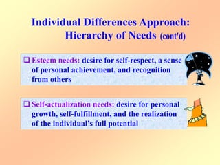  Esteem needs: desire for self-respect, a sense
of personal achievement, and recognition
from others
 Self-actualization needs: desire for personal
growth, self-fulfillment, and the realization
of the individual’s full potential
 
